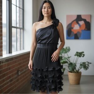 Phoebe Couture Silk  One-Shoulder Ruffle Midi Dress